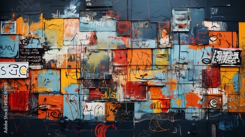 Vibrant photo of a graffiti wall covered in colorful and whimsical murals. The bright colors and playful designs create a cheerful and inviting atmosphere.