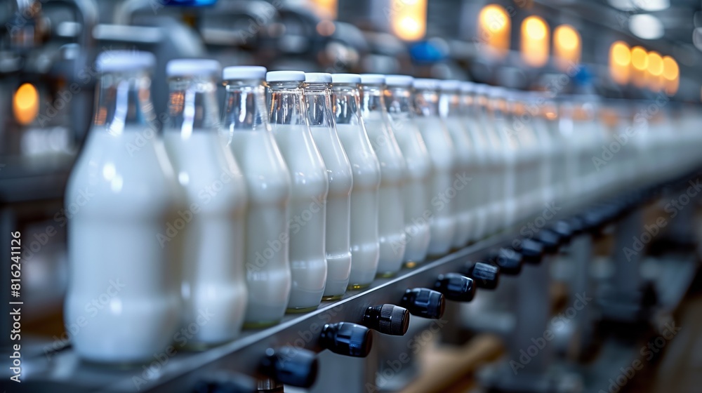 filled milk bottle in a dairy factory
