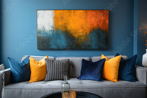 Modern living room with sofa and abstract painting on the wall