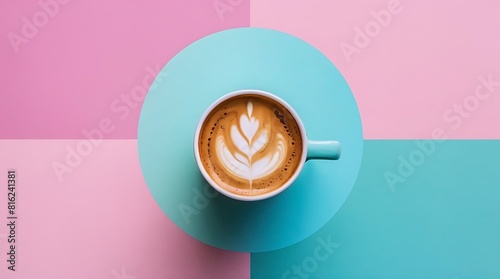 a cup of coffee, top view, on the sides of the photo and an oval bubble to write a text with a pastel background and the background of the color photo, mock up product - 1