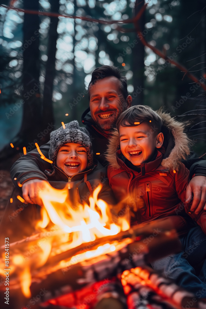 Father with a little boy sitting by a bonfire on warm summer night. Active family leisure with children. Hiking and trekking on a nature trail.