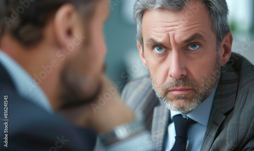 Close up face emotion of a skeptical investor listening to a dubious pitch from an investment advisor photo