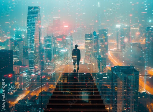 Businessman standing on the stairs and looking at the cityscape with a double exposure effect.