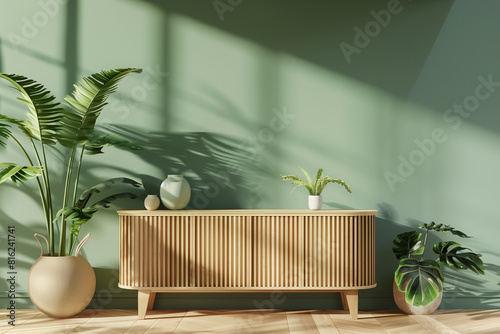 Green interior mockup with empty wall curved slat sideboard and plants in trendy living room. illustration 3d rendering photo