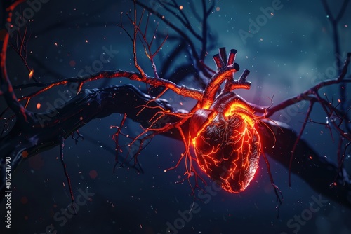 3d render of human heart with tree branches, dark blue background, glowing red veins and thorns, night sky, mysterious atmosphere, fantasy concept art, surreal, hyper realistic, hyper detailed