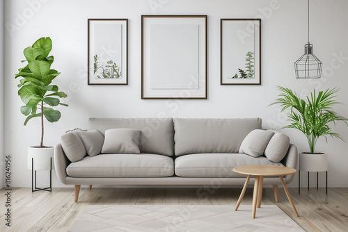 Grey armchair near beige loveseat sofa against white wall with poster frames. Japandi home interior design of modern living room. photo