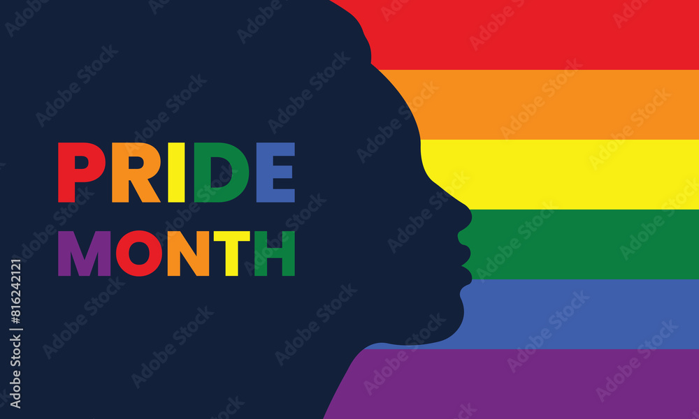 LGBT pride month abstract background.Vector banner template for pride month with silhouette of a woman and multicoloured rainbow LGBT flag.