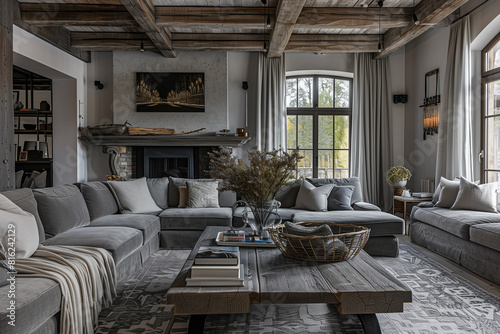 Grey cozy corner sofa and rustic coffee table in room with fireplace. French country farmhouse home interior design of modern living room. © Lucas