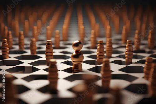 3D illustration of a conceptual maze. Shortcuts between chess pawn points to find the shortest path concept photo