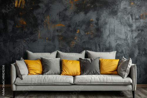 Grey sofa with mustard color pillows against dark concrete wall with copy space Loft home interior design of modern living room.