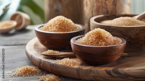 Organic brown sugar from Saccharum officinarum presented in separate wooden bowls photo