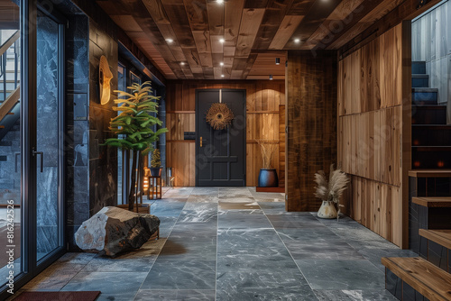 Hallway with stone tiled floor and wooden lining paneling walls. Rustic home interior design of modern entrance hall with glass door. Created with generative AI