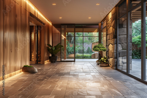 Hallway with stone tiled floor and wooden lining paneling walls. Rustic home interior design of modern entrance hall with glass door. Created with generative AI