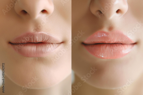 A before-and-after image of a person undergoing lip augmentation  highlighting the natural-looking results. Transformation photo showing changes in womans lip shape and size