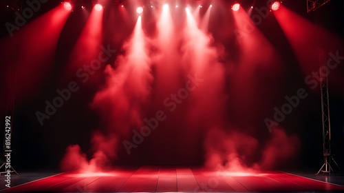  Free stage with lights and smoke, Empty stage with red spotlights, censer, show, party, Presentation concept. Red spotlight strike on black background 