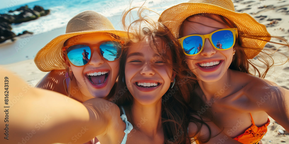 Group of cheerful young friends spending time together on sunny beach on a summer day. Group of cheerful young friends spending time together on sunny beach on a summer day.