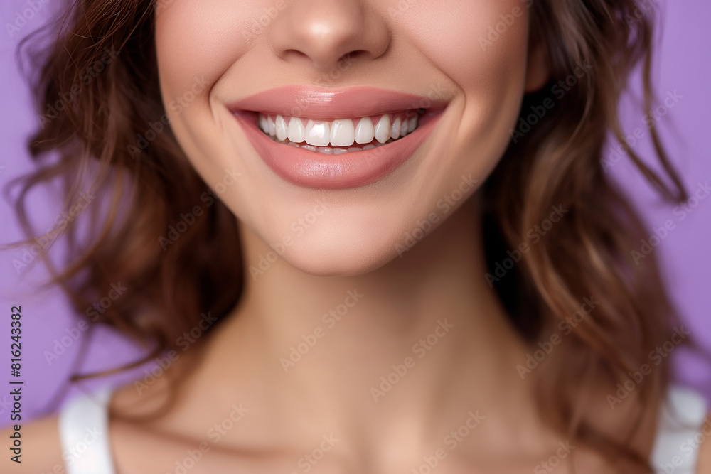 A woman smiling confidently after undergoing lip augmentation, showcasing the results of cosmetic enhancement. Happy woman flashing a smile showing white teeth on a purple background A woman smiling confidently after undergoing lip augmentation, showcasing the results of cosmetic enhancement. Happy woman flashing a smile showing white teeth on a purple background