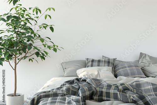 Home interior wall mock up with unmade bed plaidcushions and plant in white bedroom. 3D rendering. photo