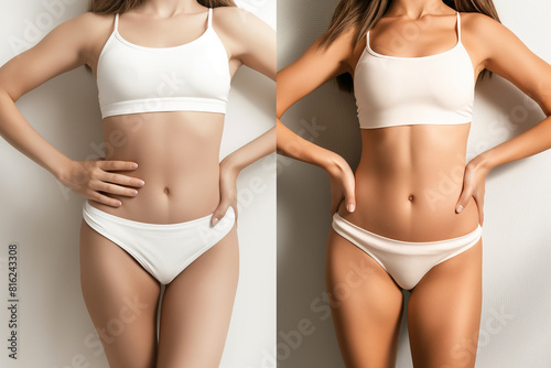 A person showcasing their toned physique after undergoing body sculpting treatments, highlighting the benefits of contouring procedures. Before and after shot of a womans body in white undergarments