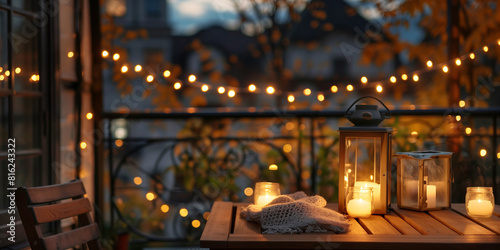Small wooden terrace with garden furniture  lanterns and string lights on background on warm autumn evening.