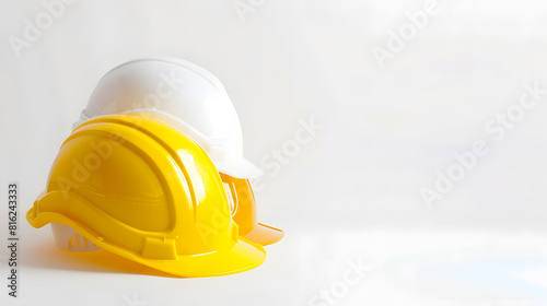 Yellow and white protection helmets isolated on white Construction site engineer and worker head safety horizontal background with empty copy space : Generative AI
