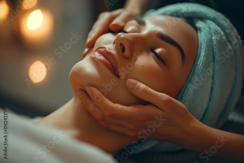 A woman receiving a facial massage during a spa treatment, showcasing relaxation techniques alongside beauty services. Smiling woman at spa getting facial massage with towel on head © ivlianna