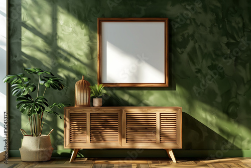 Horizontal blank frame mockup in living interior with slat sideboard wicker lantern and plant in basket on empty green wall background. 3D rendering illustration