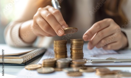 Businesswoman's hands putting coins into a stack on a white desk with a notebook and pen, representing the financial concept of money.