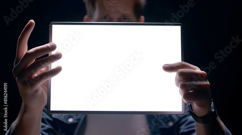 A man uses a laptop with a white isolated screen and shows his index fingers to the screen An empty place to place your information on a computer screen : Generative AI