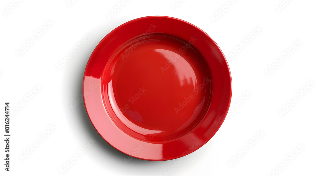 Top view empty blank ceramic round red plate isolated on white background with clipping path : Generative AI Top view empty blank ceramic round red plate isolated on white background with clipping path : Generative AI