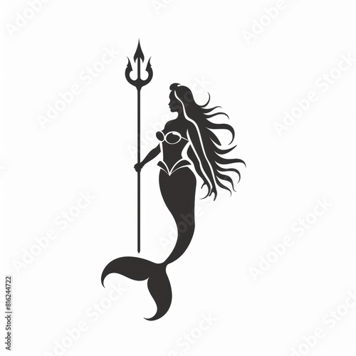Black silhouette vector illustration of a beautiful mermaid with a trident over white background.