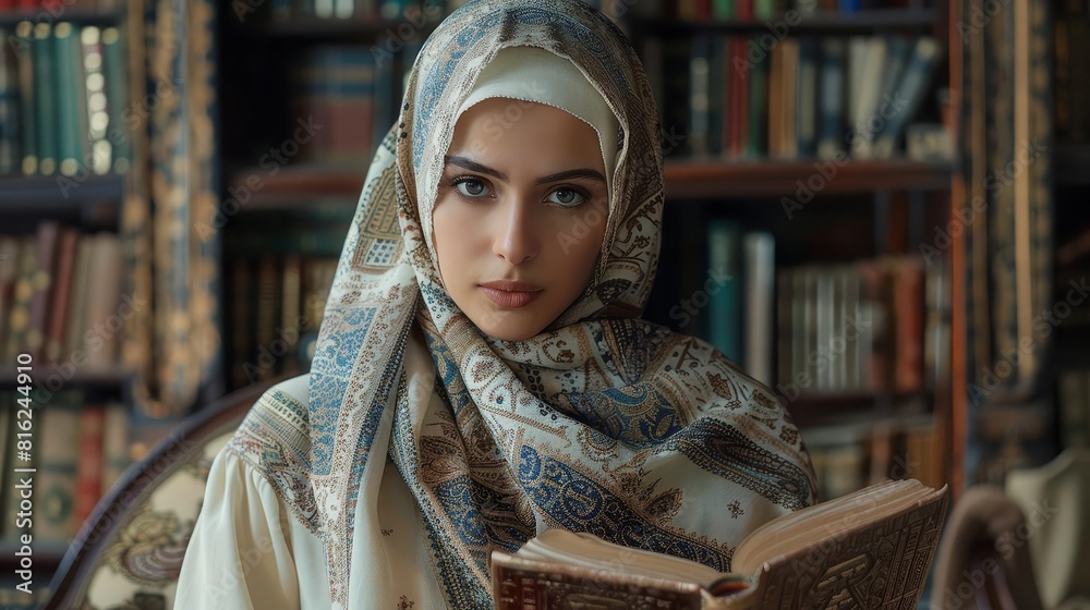 An elegant portrait of a woman in a traditional Arabic dress and a finely woven headscarf, holding a vintage book, seated in an antique library An elegant portrait of a woman in a traditional Arabic dress and a finely woven headscarf, holding a vintage book, seated in an antique library