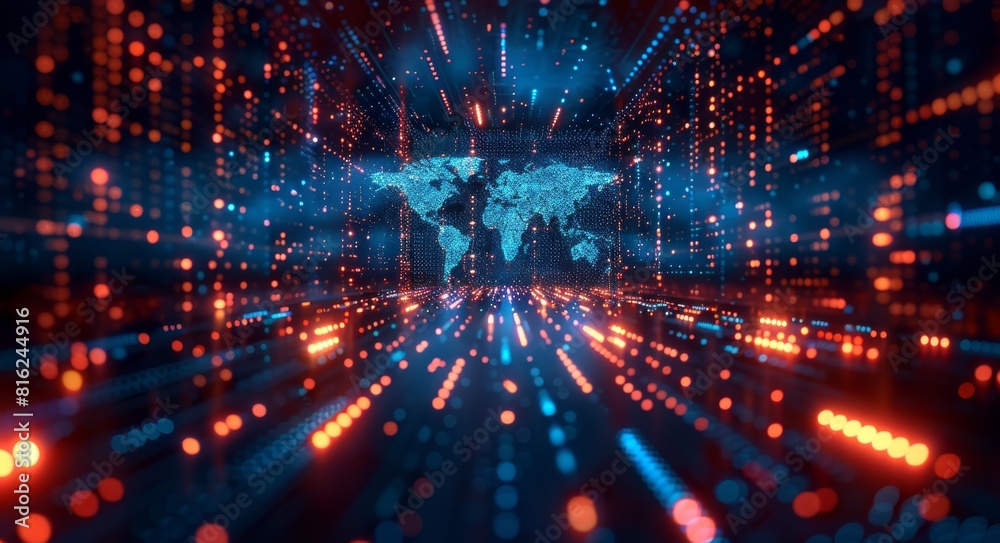 Digital background featuring multiple laptops and digital graphs on the screens, with a holographic world map in blue tones. Digital background featuring multiple laptops and digital graphs on the screens, with a holographic world map in blue tones.