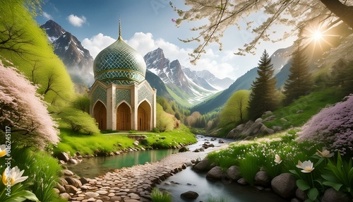 Beautiful, fantasy mosque in a spring forest aside a cobblestone path and a babbling brook