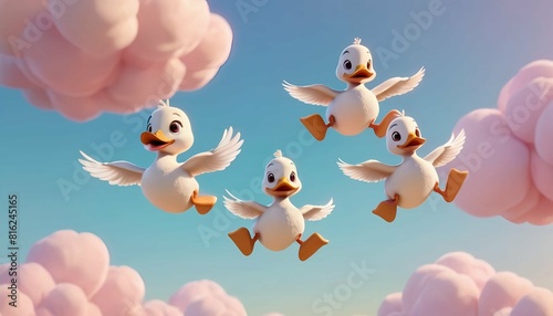 cute ducks flying in the sky generative ai