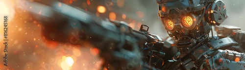 An intense closeup of a humanoid robot with glowing eyes and armored plating, firing weapons in a chaotic urban warfare setting photo