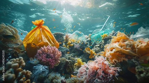 An underwater photograph showing a coral reef entangled with various forms of plastic rubbish  from shopping bags to straws  affecting marine life