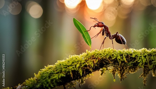 Close up of worker leafcutter ant Atta cephalotes cutting a leaf of Arachis pintoi photo