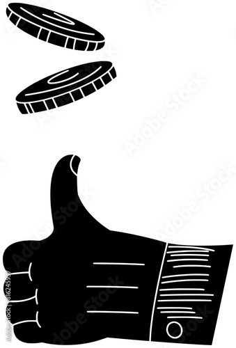 hand illustration money silhouette coin logo finance icon football outline person flip finger currency holding sport luck up business shape man fortune flipping for vector graphic background