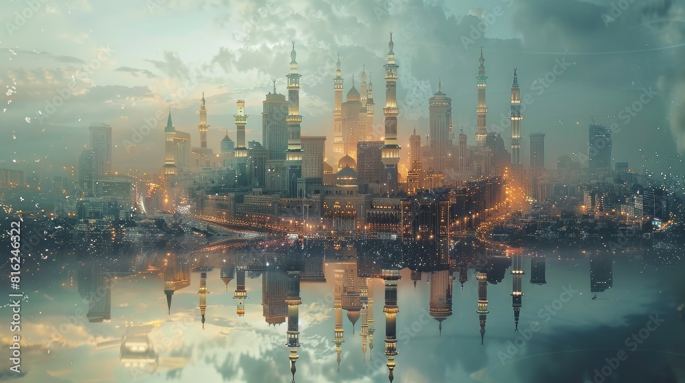 Double exposure of Kaaba in Mecca and universum futuristic photo style design.
