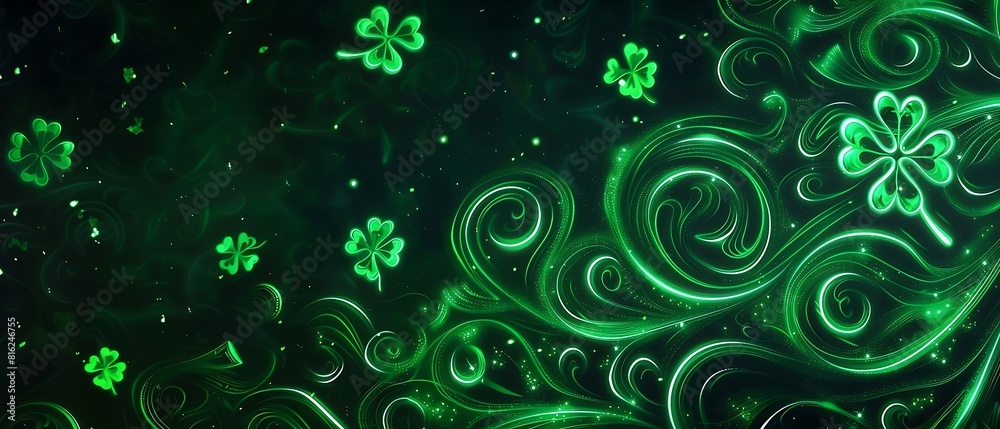 St. Patrick's Day abstract green background decorated with shamrock leaves. Patrick Day pub party celebrating. Abstract Border art design magic backdrop. Widescreen clovers on black with copy space. St. Patrick's Day abstract green background decorated with shamrock leaves. Patrick Day pub party celebrating. Abstract Border art design magic backdrop. Widescreen clovers on black with copy space.