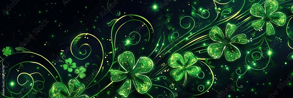 St. Patrick's Day abstract green background decorated with shamrock leaves. Patrick Day pub party celebrating. Abstract Border art design magic backdrop. Widescreen clovers on black with copy space. St. Patrick's Day abstract green background decorated with shamrock leaves. Patrick Day pub party celebrating. Abstract Border art design magic backdrop. Widescreen clovers on black with copy space.