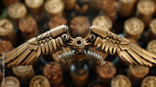 Overhead shot of a wing style corkscrew on a group of corks. photo