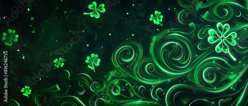 St. Patrick's Day abstract green background decorated with shamrock leaves. Patrick Day pub party celebrating. Abstract Border art design magic backdrop. Widescreen clovers on black with copy space.