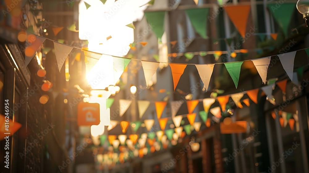 Fototapeta premium Garland with irish flag colors in a street of Dublin, Ireland - Saint Patrick day celebration concept