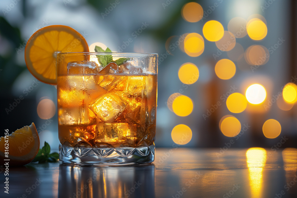 A glass of drink with an orange slice in it A glass of drink with an orange slice in it