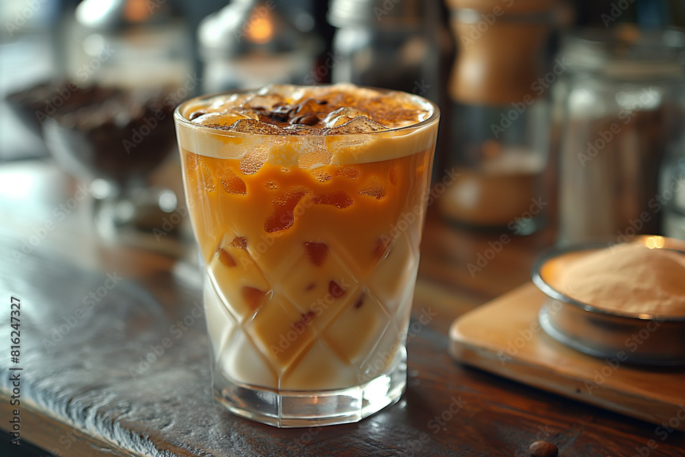 A glass of coffee with a swirl of cream on top A glass of coffee with a swirl of cream on top