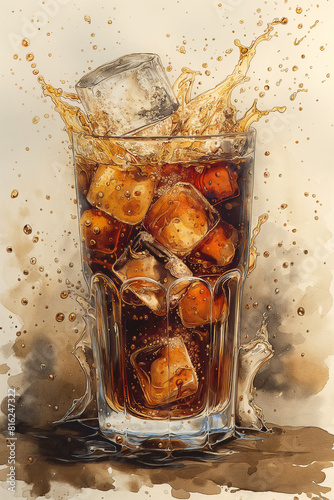 A glass of soda with ice cubes in it is splashing out of the glass