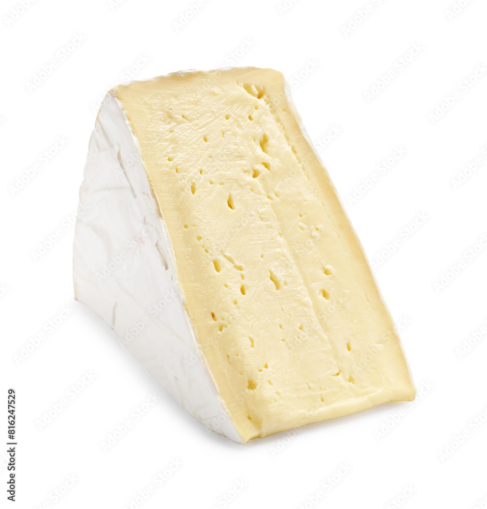 One piece of tasty camembert cheese isolated on white One piece of tasty camembert cheese isolated on white