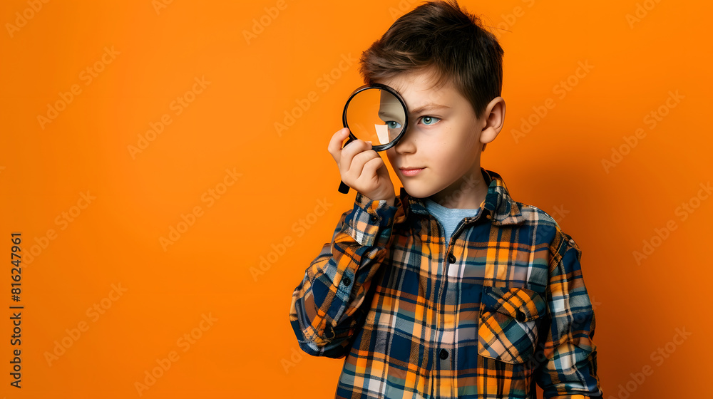 Positive curious schoolboy in casual wear looking at camera through magnifier while standing against bright orange background : Generative AI Positive curious schoolboy in casual wear looking at camera through magnifier while standing against bright orange background : Generative AI